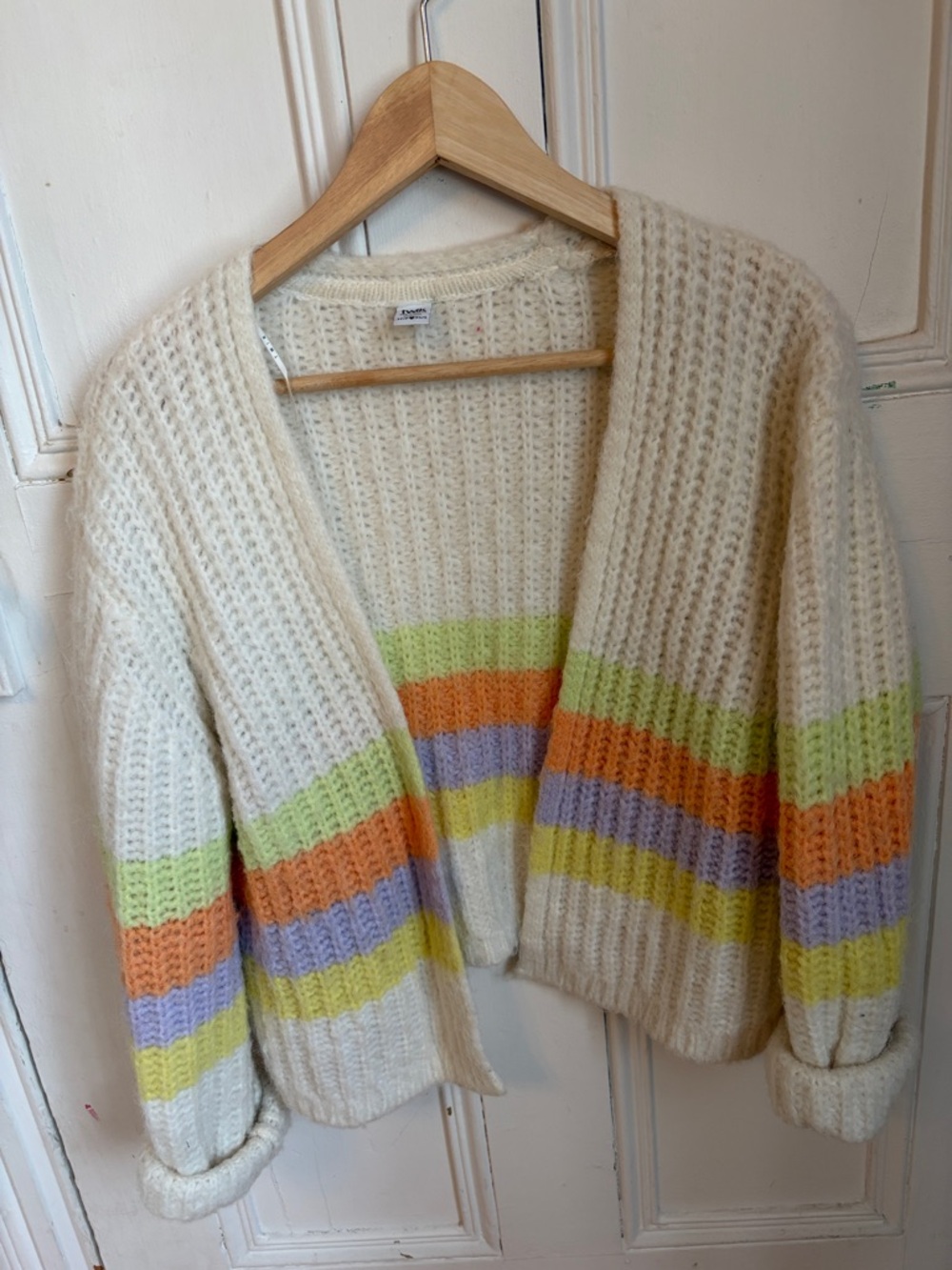 twik Cream Open-Front Cardigan with Orange, Yellow & Purple Stripes